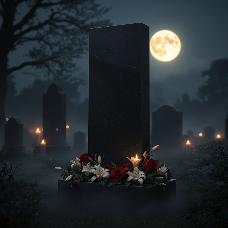 Gravestone in fog