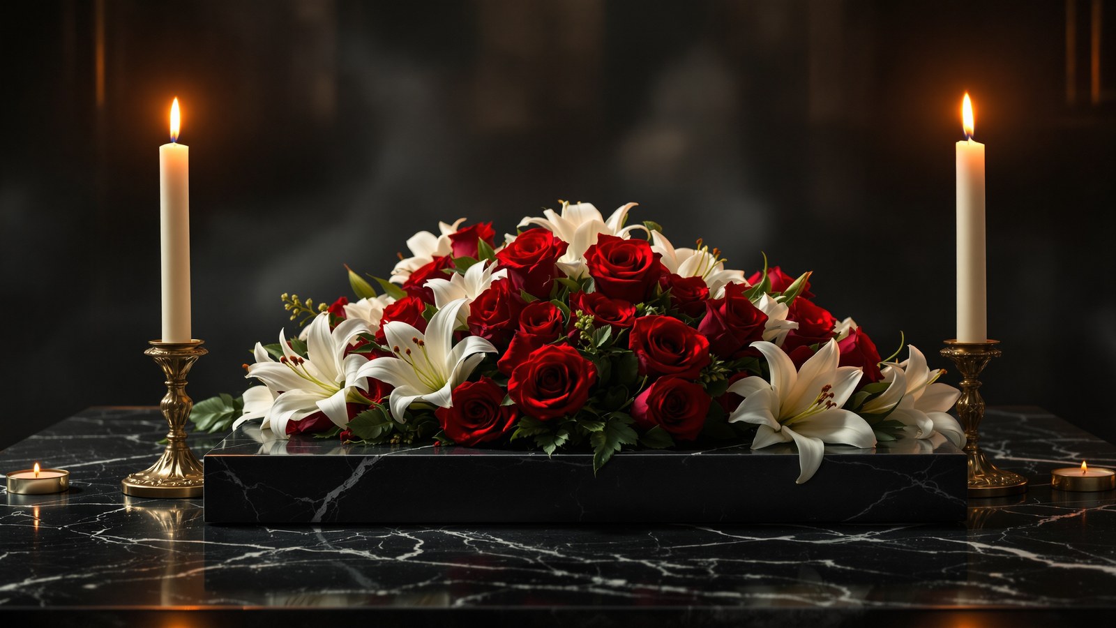 Candles and lilies on black granite